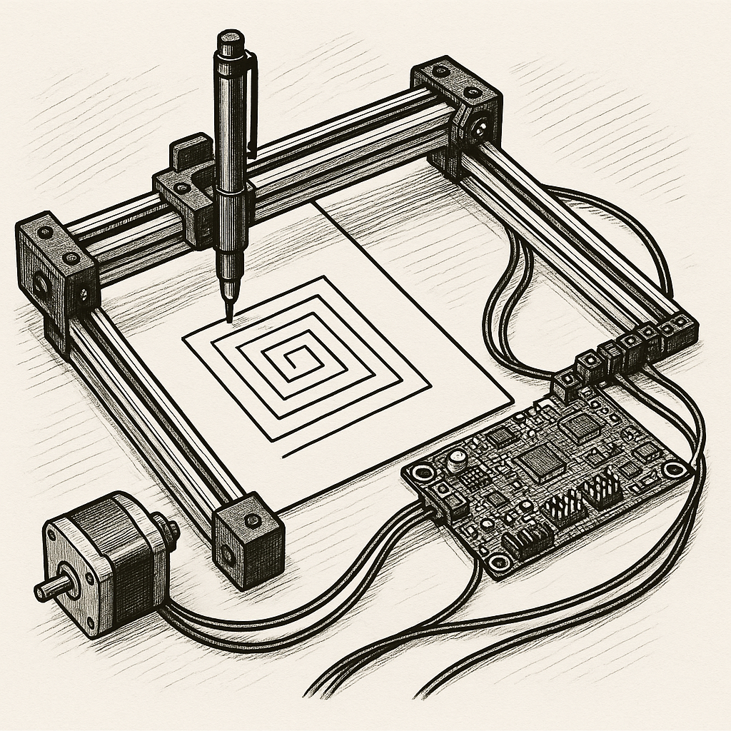an illustration of a pen plotter and what it might look like (generated by ChatGPT)